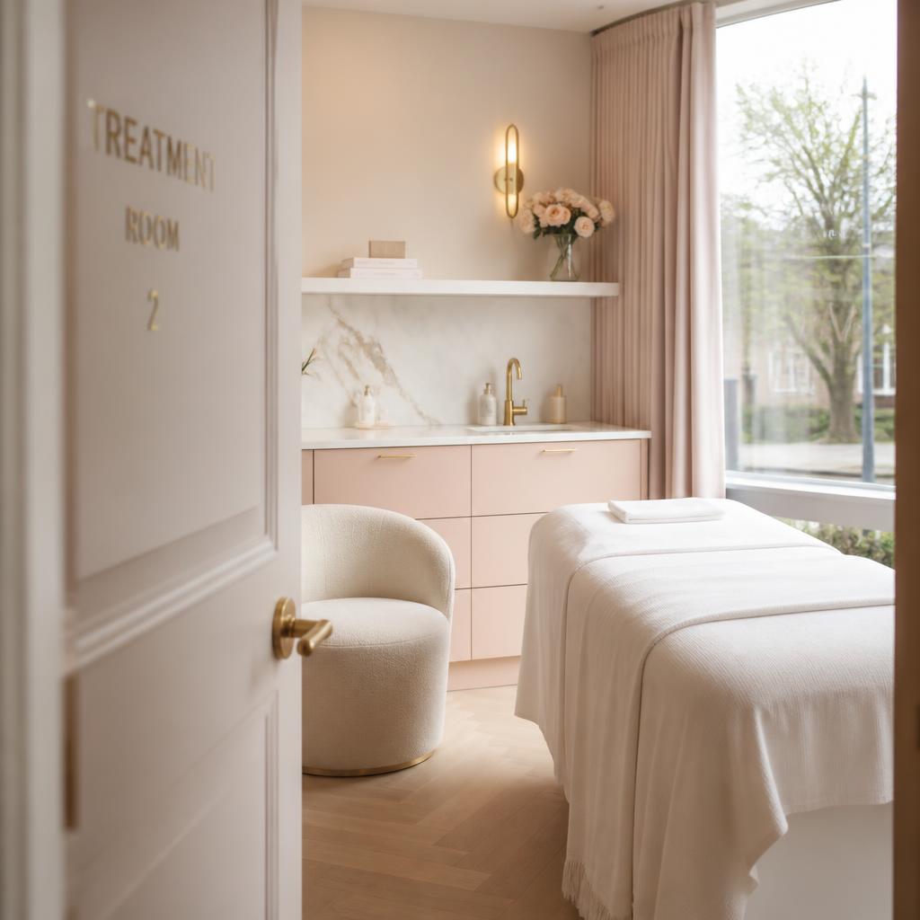 Eloura Aesthetics treatment room, warm blush and cream tones